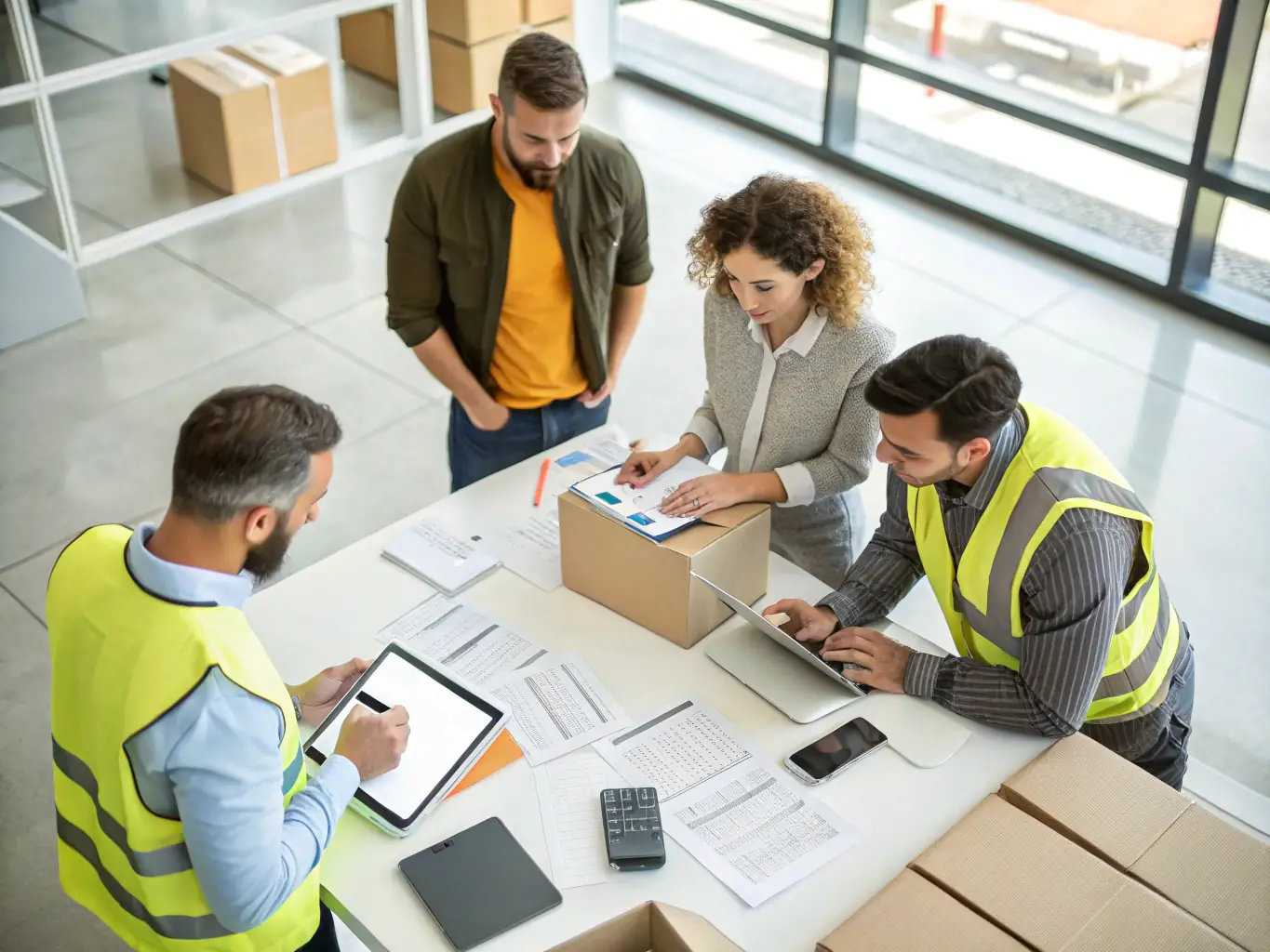 An image of a diverse team of WareShip employees working together in a modern office setting, showcasing the company's commitment to customer service and innovation.