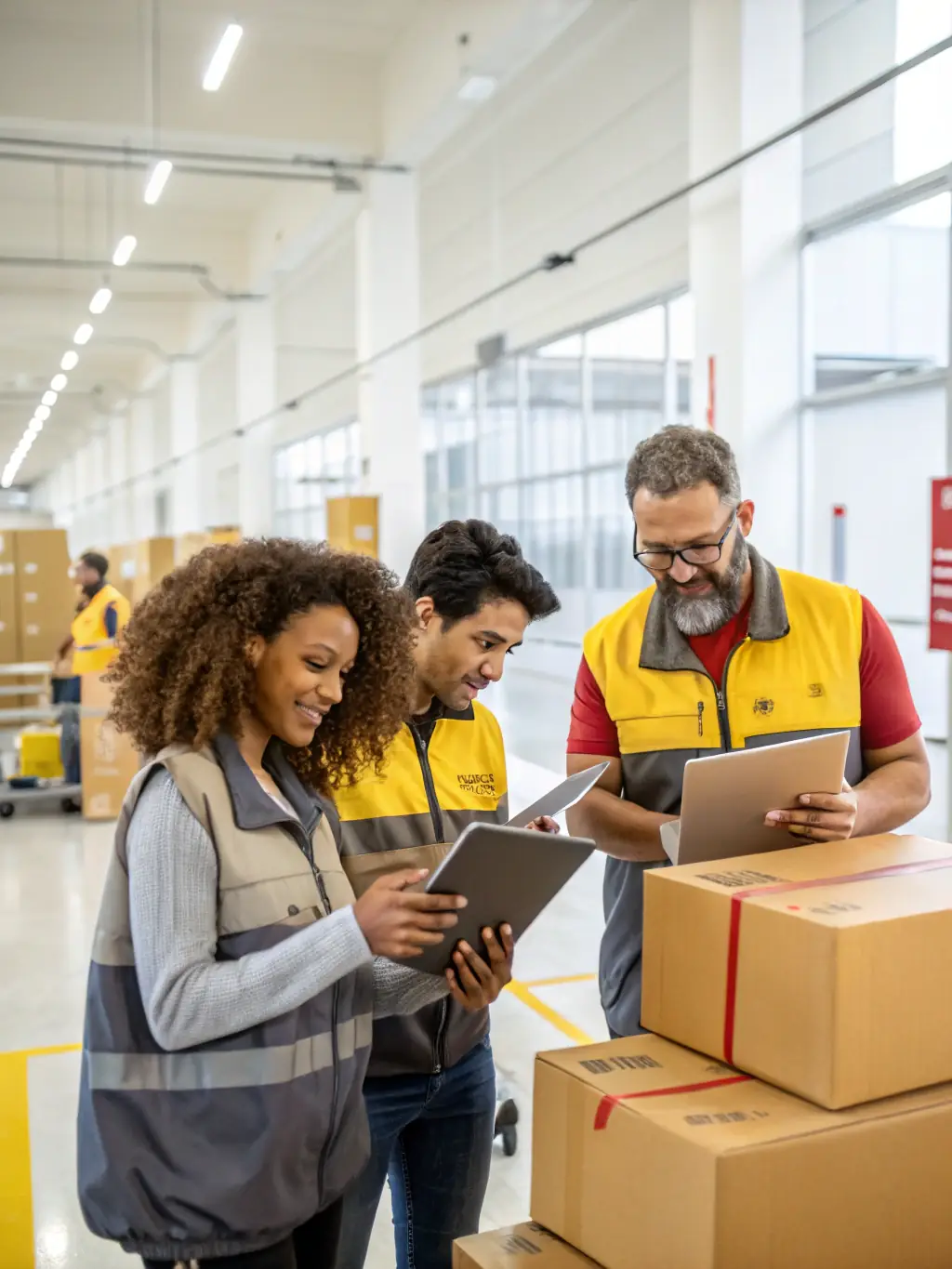 A diverse team of WareShip employees working together in a shipping facility, showcasing the collaborative effort behind the company's shipping operations.