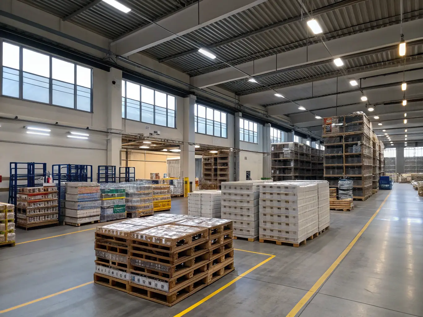 An image showcasing a modern warehouse filled with neatly organized pallets and goods, highlighting the efficiency and security of WareShip's storage solutions.