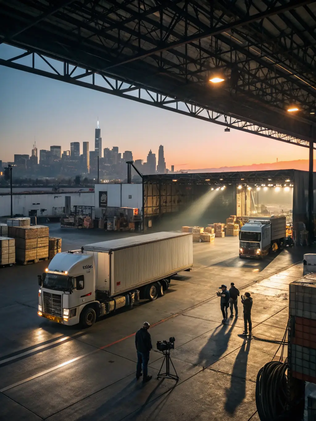 A high-angle shot of a modern warehouse with packages being loaded onto a delivery truck, emphasizing the efficiency and organization of WareShip's shipping operations.