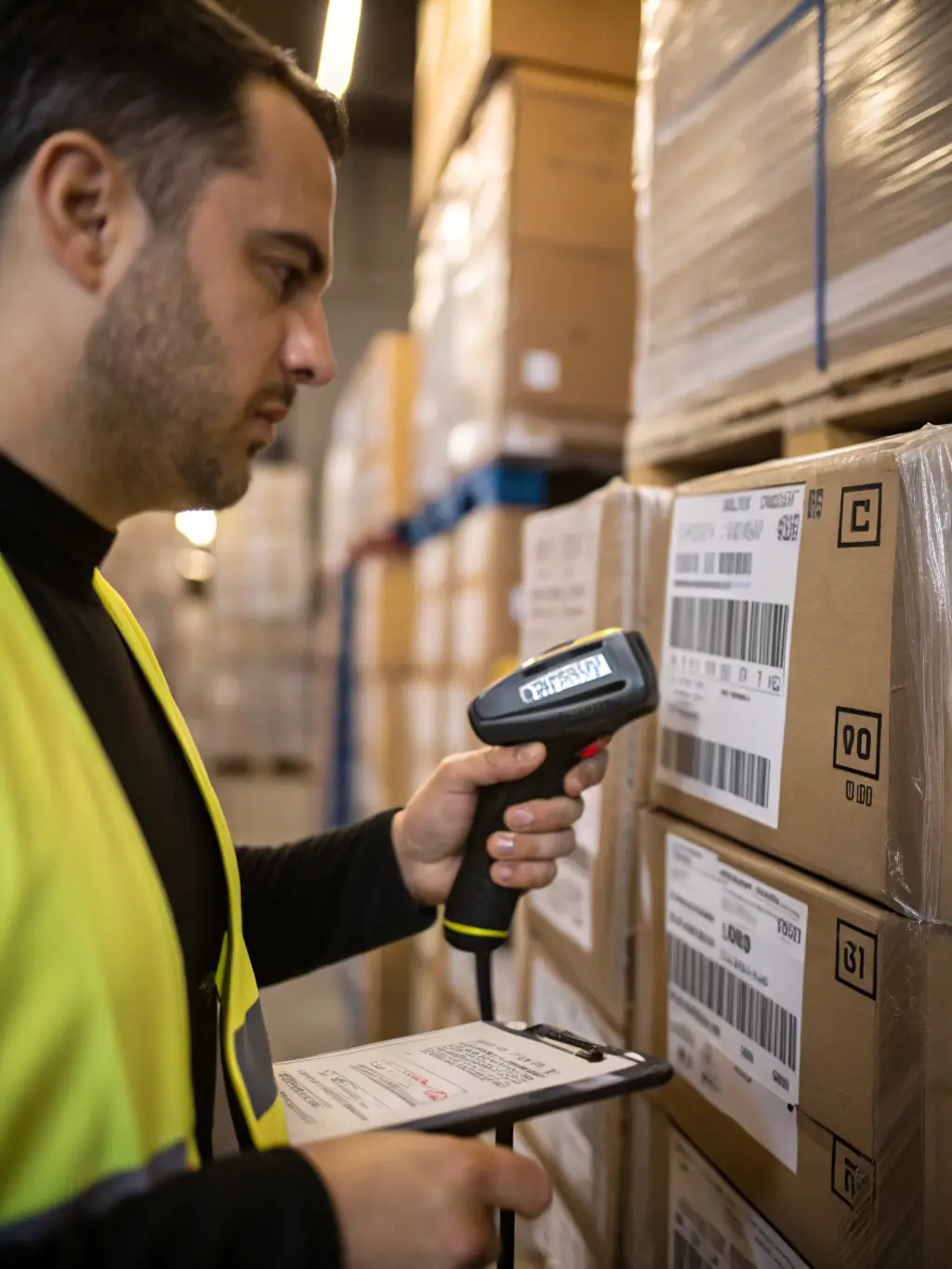 A close-up image of a package being scanned with a handheld device, highlighting the real-time tracking capabilities offered by WareShip.