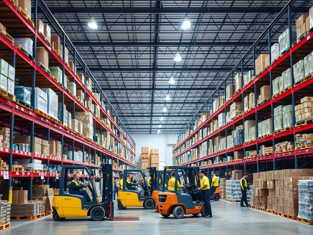 A wide shot of a modern, clean warehouse interior, showcasing rows of neatly stacked pallets with various goods, forklifts moving efficiently, and workers in safety vests.